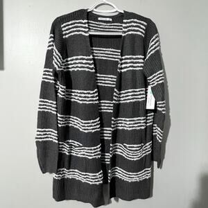 Pink Clover Gray White Striped Cardigan M Open Front Knit Sweater Pockets NWT